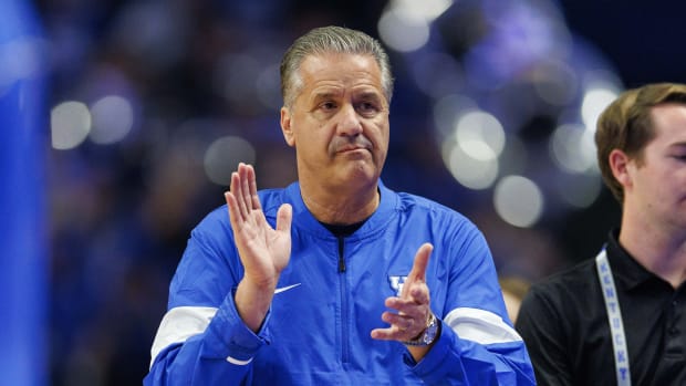 Oct 13, 2023; Lexington, KY, USA; Kentucky Wildcats head coach John Calipari reacts during Big Blue Madness at Rupp Arena at Central Bank Center. Mandatory Credit: Jordan Prather-USA TODAY Sports